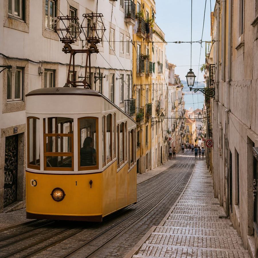 Yellow tram on a steep street in central Lisbon