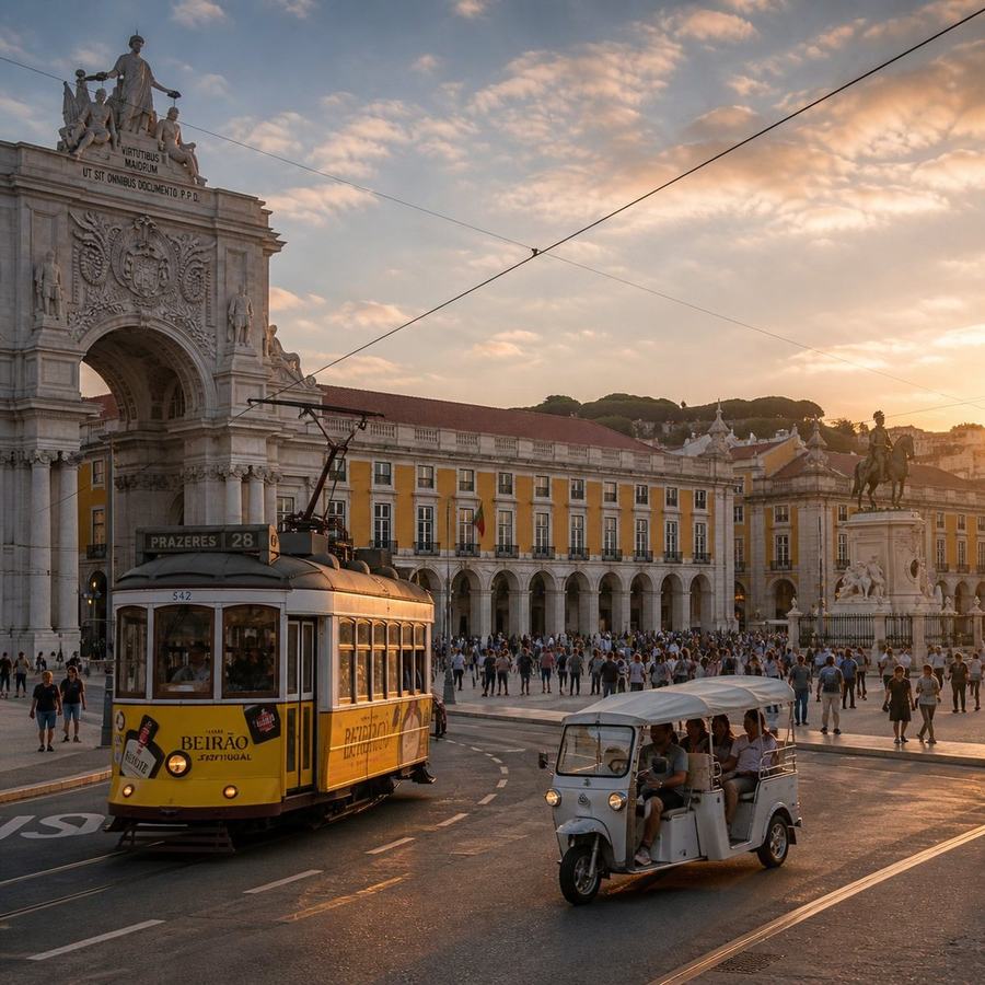 Tram and tuk tuk at Praça do Comércio at sunset