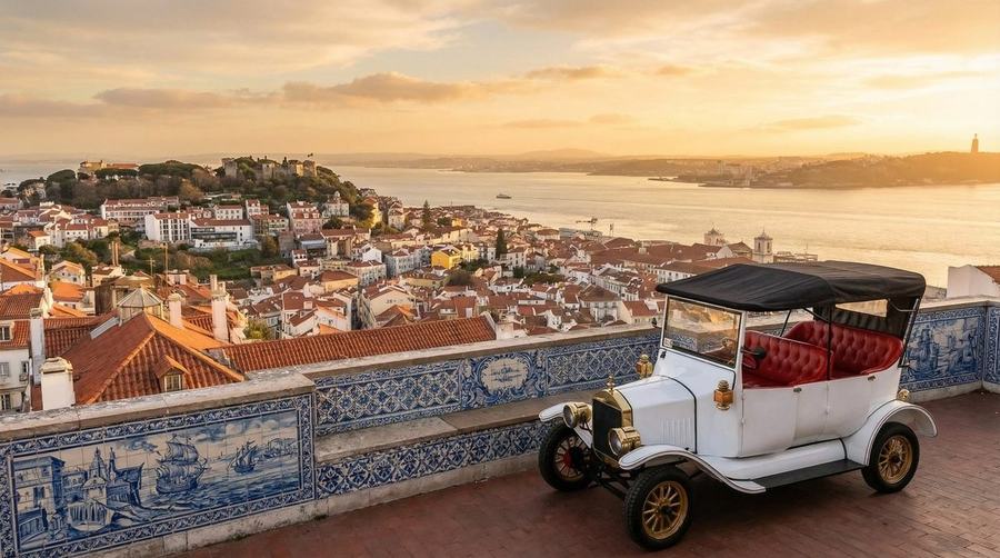 Vintage tuk tuk by a tiled viewpoint over Lisbon at sunset